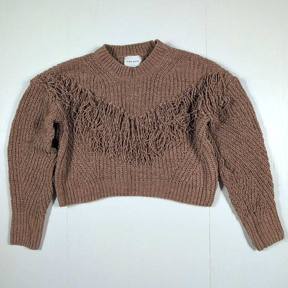 Pink Rose Women’s S Fringe Chenille Crop Sweater Brown Textured Long Sleeve